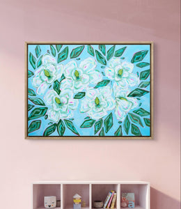 Large Magnolia Print on Blue